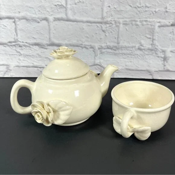 Stacked Ceramic Pottery Teapot Cup Set Paper Windows USA Floral Rose Cream VTG - Picture 5 of 16